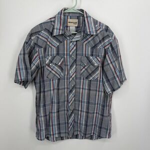 Rustler Western Shirt Mens Large Blue Plaid Short Sleeve Pearl Snap